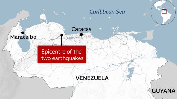 A map of Venezuela showing the epicentre of the two earthquakes